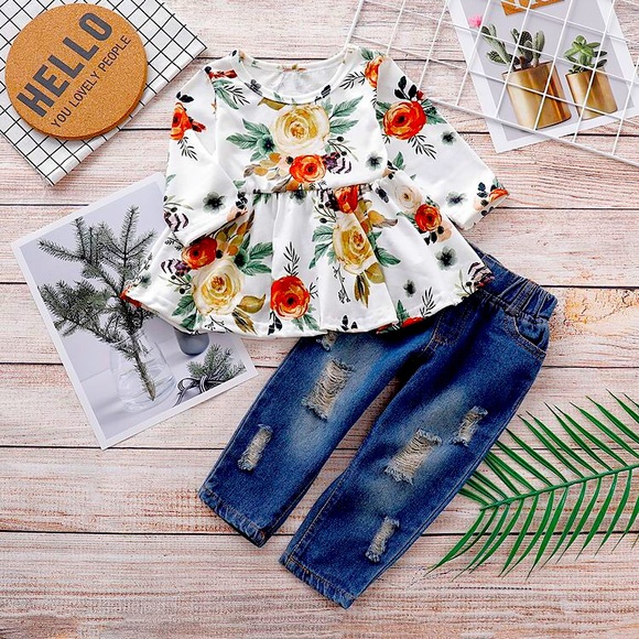Floral Ruffle L/S Top Distressed Jeans Green 2 PC